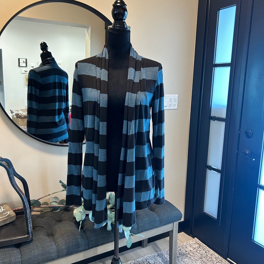 Forever 21 Womens Striped Open Front Cardigan Teal Black Draped Shawl Neck M